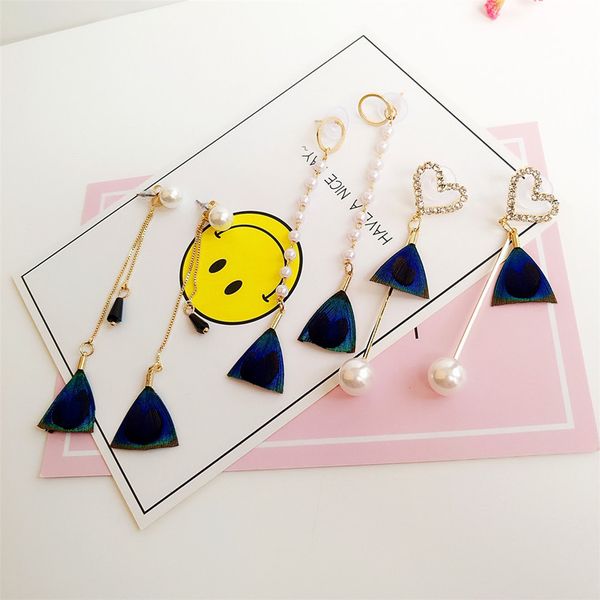 

fashion feather creative earrings long pearl pendant fringe earring temperament ear nail ear jewelry, Golden