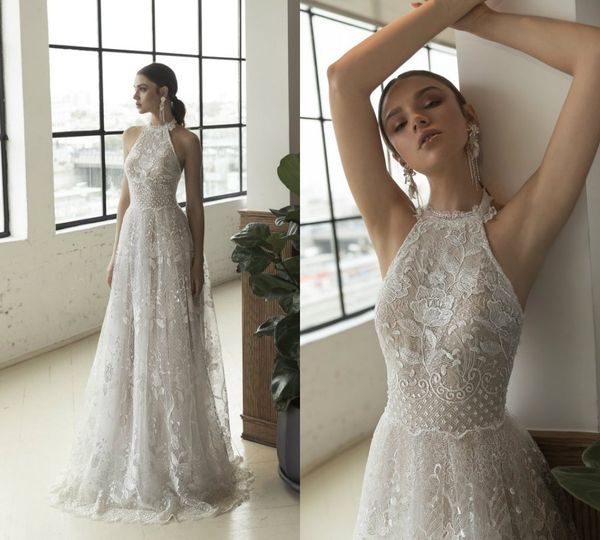 2019 Julie Vino Praia Vestidos De Casamento A Linha Halter Lace Apliques Sweep Trem Sexy Voltar Boho Vestidos De Noiva Custom Made Além Do Vestido De Noiva