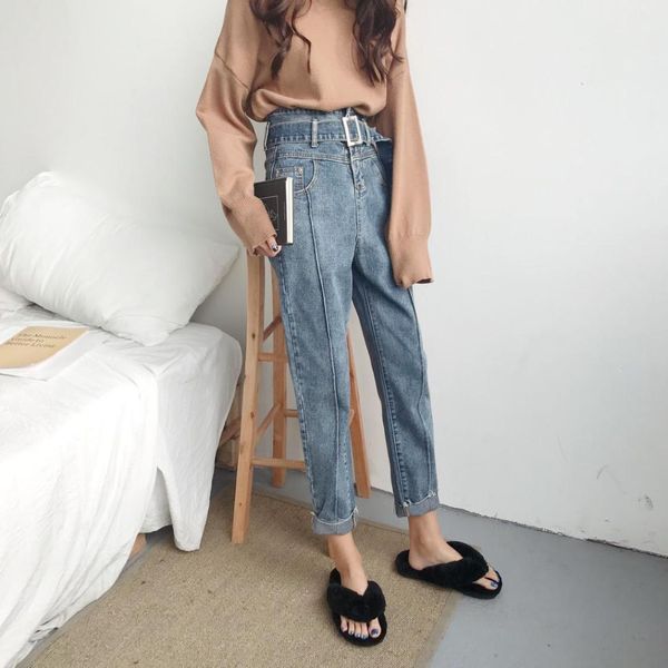 

swyivy women jeans pants ankle length 2018 autumn bf female casual denim harem trousers with belt cotton comfortable jeans pants, Blue