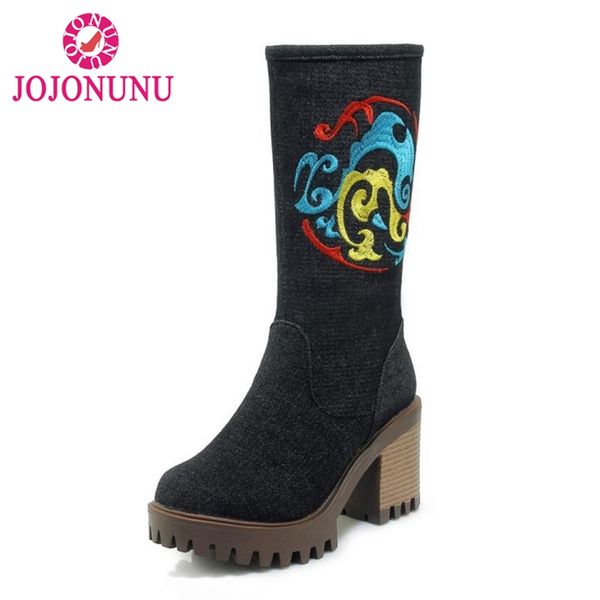 

jojonunu women winter boots embroidery shoes woman fur platform mid calf boots fashion winter woman footwear size 34-43, Black