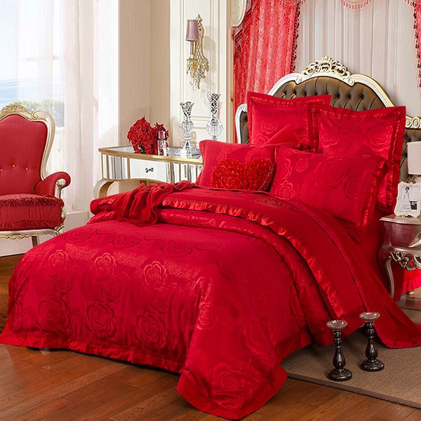 

2018 blossoming red flowers bedlinens silk cotton blend duvet cover set jacquard  king bed cover sheet pillowcases