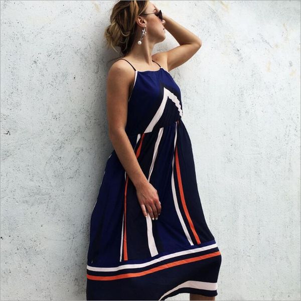 

2018 summer new women's gorgeous striped dress in the long paragraph dress skirt beach spaghetti strap dress, Black;gray