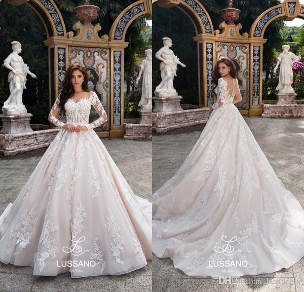 

lussano vestido де novia линия кружева с длинными рукавами свадебные платья sheer шеи свадебное платье свадебные платья суд поезд иллюзия кн, White