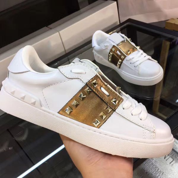 

original box] lace-up white genuine leather sneakers shoes luxury designer rivet flat casual shoes patchwork women men shoes 35-44, Black