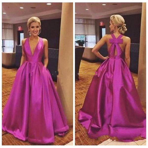 

Simple Deep V Neck Prom Dresses 2018 New Bow A Line Sleeveless Zipper Stain Formal Evening Gown Party Dresses Custom Made Plus Size