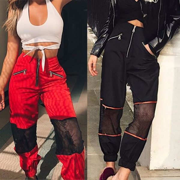 

new style womens hip hop dance sweat exercise running pants black jogger pants trousers zipper mesh patchwork sports, Black;blue