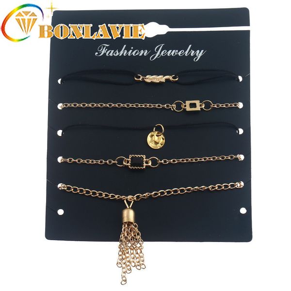 

vintage gold color leaf bracelet set 5 pcs/set punk fringe bracelets geometric bijoux jewelry gifts, Black