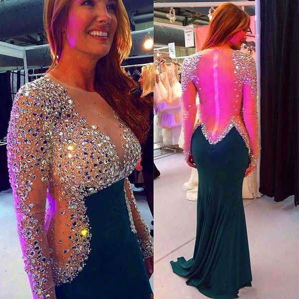 

Mermaid Emerald Green Prom Dresses Long 2017 Sexy Crystal Beaded Long Sleeve Sheer Special Occasion Gowns Illusion Vestido De Festa