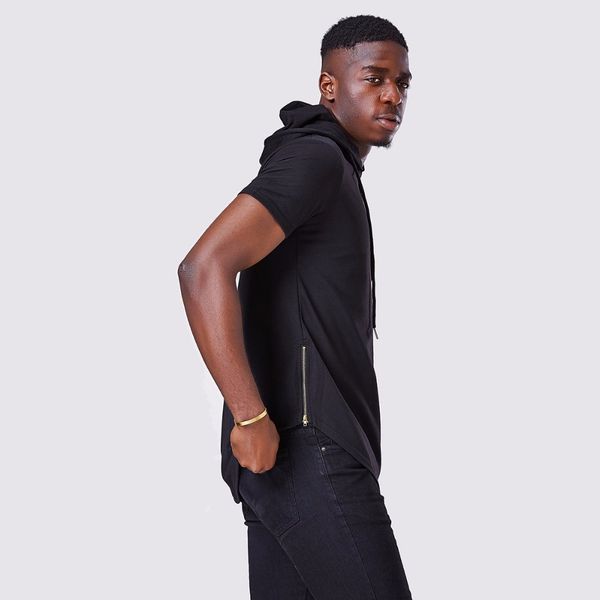 

new mens hooded t shirt hipster hip hop t shirt men longline zipper o-neck t shirts short sleeve cool tees men hooded hoodies, White;black