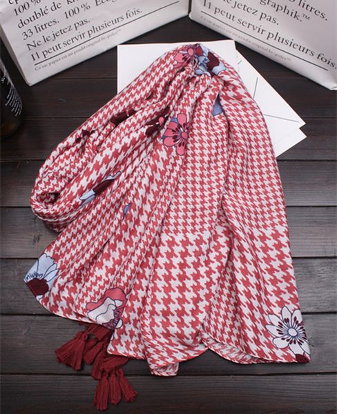 

2018 new scarf fashion bean paste red houndstooth flower pattern print long tassel big scarf holiday sunscreen shawl, Blue;gray