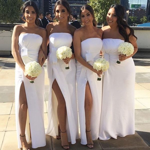 

chiffon plus-size bridesmaids dresses simple strapless ruched side split wedding party dresses floor length sheath prom dresses, White;pink