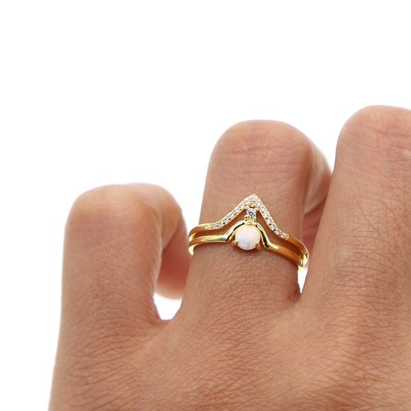 

2018 new arrival untique crown ring gold filled engagment 2pc ring set cz paved v chevron fire opal dainty delicate wedding, Silver
