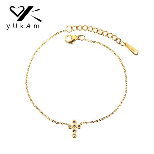 

yukam religious simple crystal rhinestone cross charm bracelets gold stainless steel love jesus christian chain bracelets female, Black