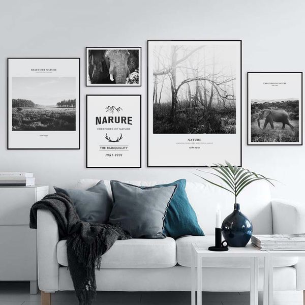 

07g nordic decorative nature forest and animal elephant canvas painting poster and print art picture wall living room home decor