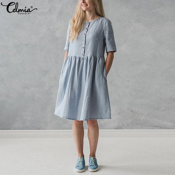 

2018 celmia vintage linen dress women short sleeve button pockets solid casual party shirt dresses summer sarafans vestido robe, White;black
