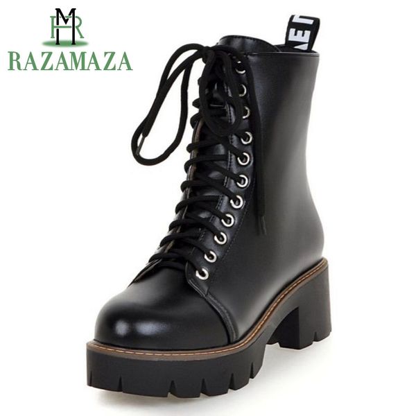 

razamaza size 34-43 woman high heel boots platform thick heels round toe mid calf botas fashion retro short boots women shoes, Black