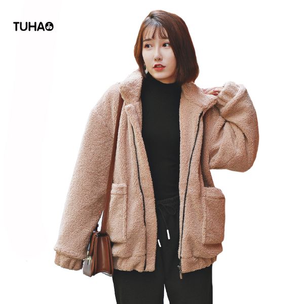 

tuhao 2018 autumn winter zipper faux lamb fur coat women cloth long sleeved turn down collar pockets loose teddy jacket tr0083, Black