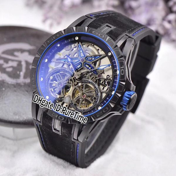 

Excalibur 47mm rddbex0599 vintage engraving pvd teel keleton dial double tourbillon miyota automatic men watch leather blue watche b41c3