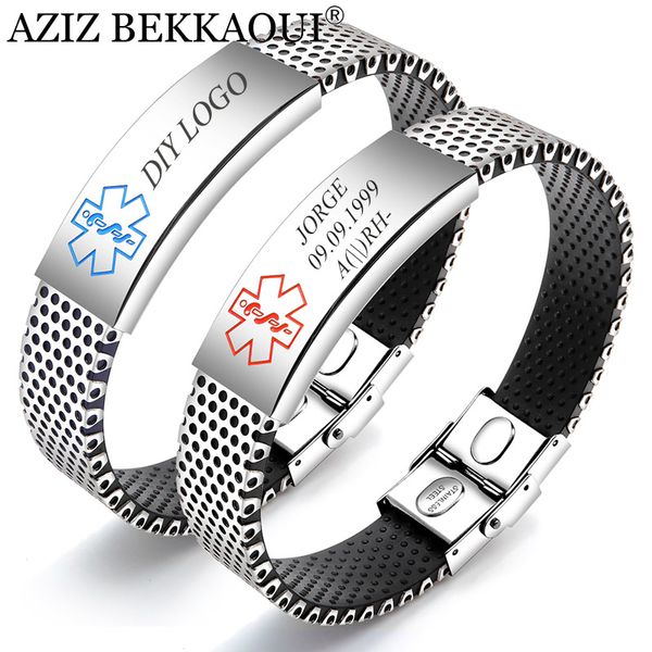 

aziz bekkaoui medical alert id identification bracelet for men women silicone stainless steel emergency remind jewelry, Golden;silver