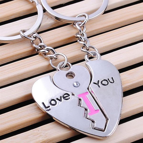 

wedding favor "i love you" heart + key couple keychain metal lock keyring valentine's day lover gift 1pair/card, Silver