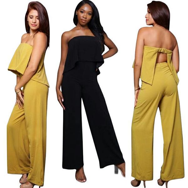 

new autumn women's strapless solid jumpsuits wide leg long romper pants 3 colors q006, Black;white
