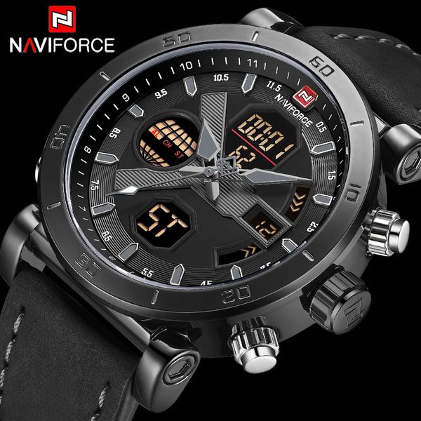 

naviforce men sport watches leather band waterproof analog digital clock mens chronograph quartz wrist watch relogio masculino, Slivery;brown