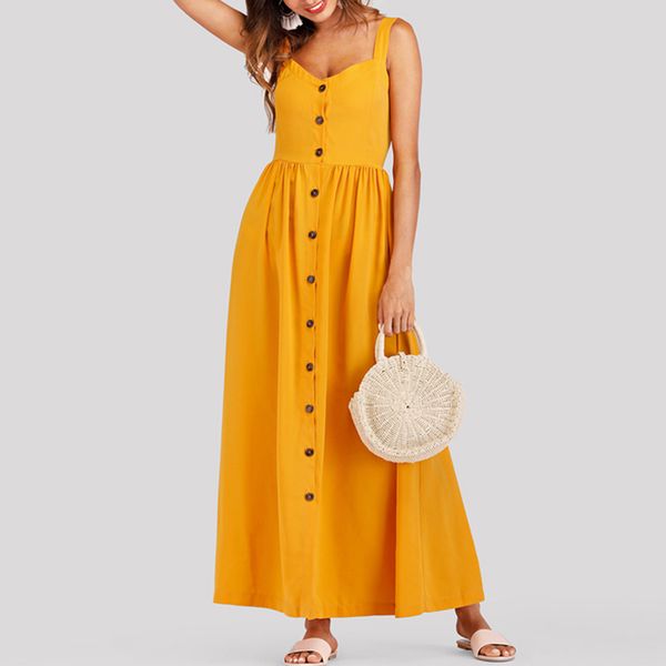 

women spaghetti strap dresses 2018 new button elegant ladies travel look girls fresh sweet casual a-line backless midi dress, White;black