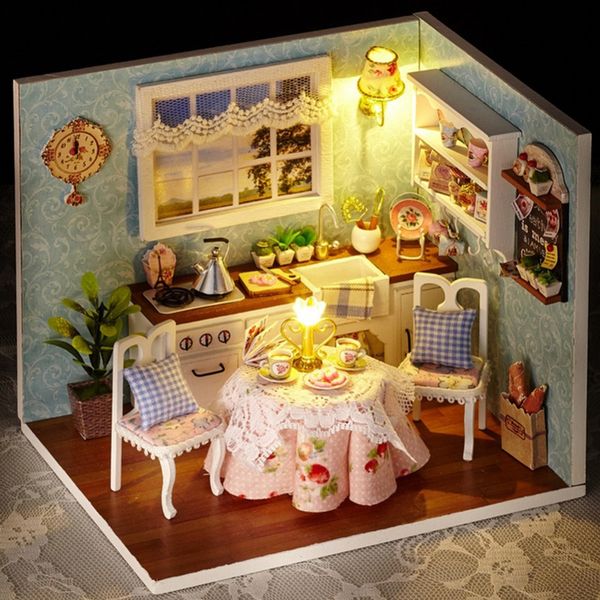 DIY Wooden Doll House Furniture Kits LED Light Miniature Christmas Room Puzzle T