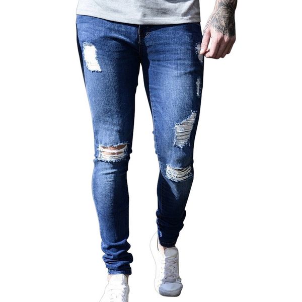 

puimentiua man cotton ripped jeans skinny trousers male denim pencil jeans blue distressed pants for men