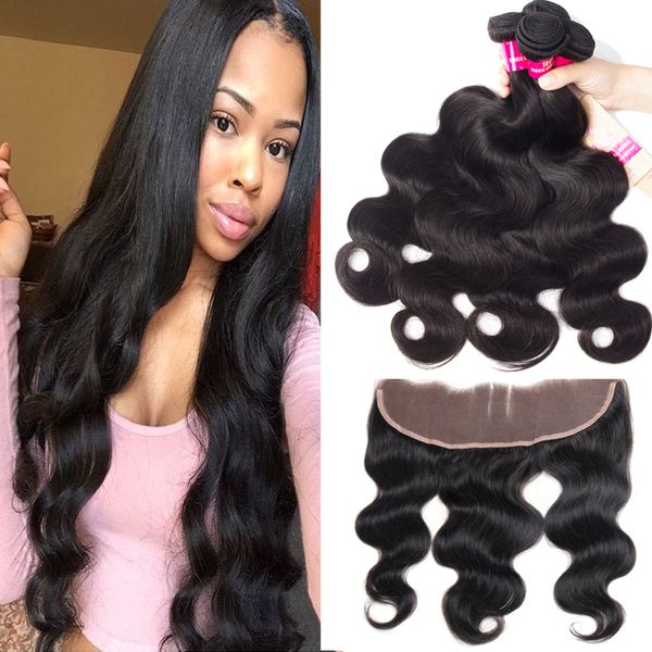 

9a brazilian human hair bundles with closure middle 3 part double weft brazilian body wave straight loose wave human hair extensions, Black