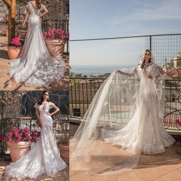 

3d-floral appliques wedding dresses with wrap mermaid cascading ruffles poet short sleeve deep v sheer neck bridal gowns court train dress, White