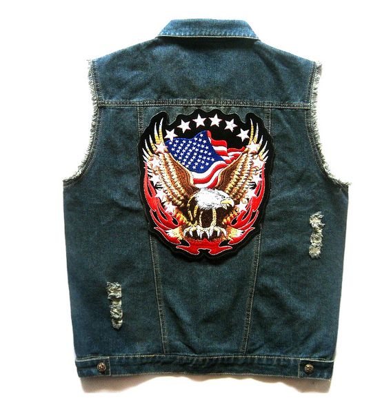 

mens blue denim motorcycle biker vest eagle us american flag patch design punk ripped vests, Black;white