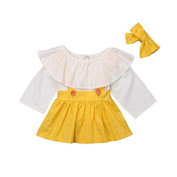 

fashion girls solid autumn sweet clothes casual kids toddler 0-5y shirt suspender tutu skirts headbands 3pcs outfits stylish, White