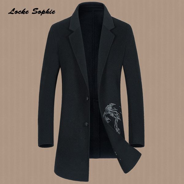 

1pcs men's long jacket coats 2017winter fashion cashmere blends prints single breasted men skinny woolen jackets coats young men, Black
