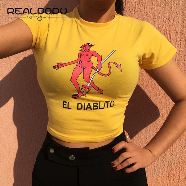 

realpopu devil t-shirt women o neck yellow short sleeve basic coon new kawaii crop casual vogue tee shirt femme, White