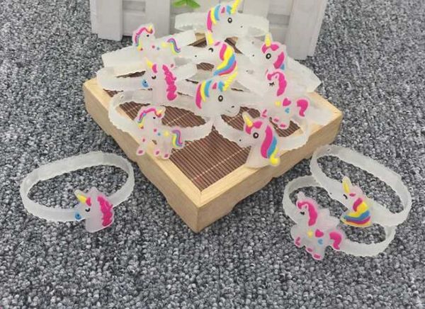 

50pcs mixed luminous cartoon unicorn children rubber hand bands silicone bracelets with sm02, Golden;silver