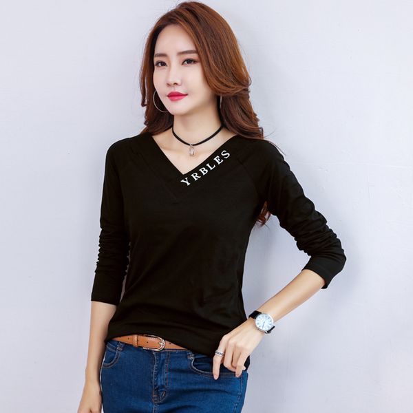 

tee shirt femme v neck tshirt women 2018 autumn casual long sleeve vogue t shirt womens korean style white black t shirts