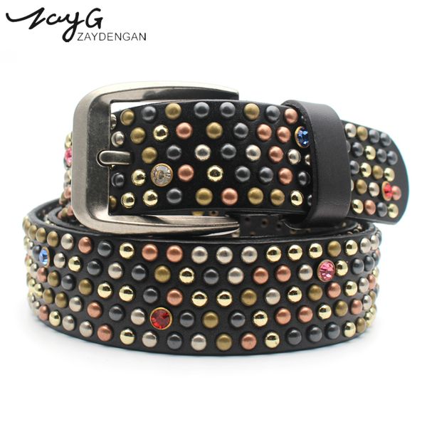 

zayg fashion hip-hop casual rivet belt color small mush room rivet drill cowhide male and female gothic jeans belt, Black;brown
