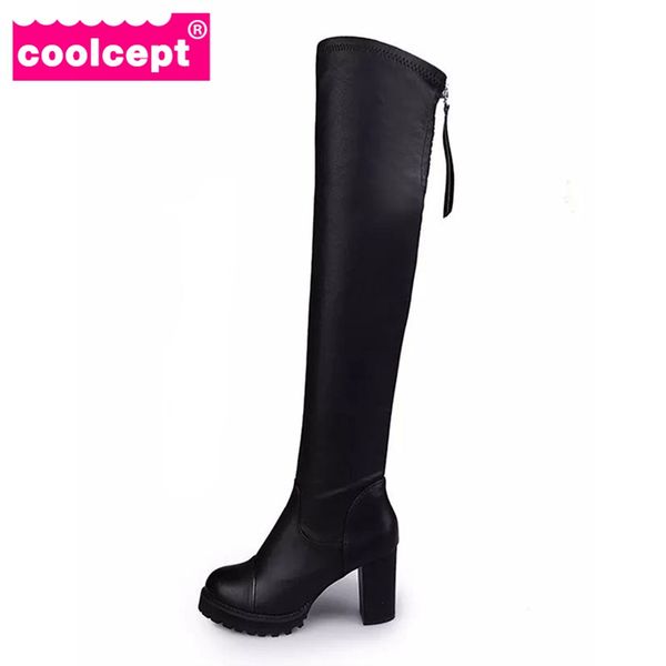 

coolcept women high heel boots platform female over knee shoes thick heels ladies solid color zipper footwear size 35-39, Black