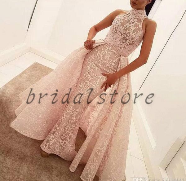 

yousef aljasmi lace mermaid evening dresses 2018 arabic dubai high neck long sleeves applique with over skirt floor length formal prom party, Black;red