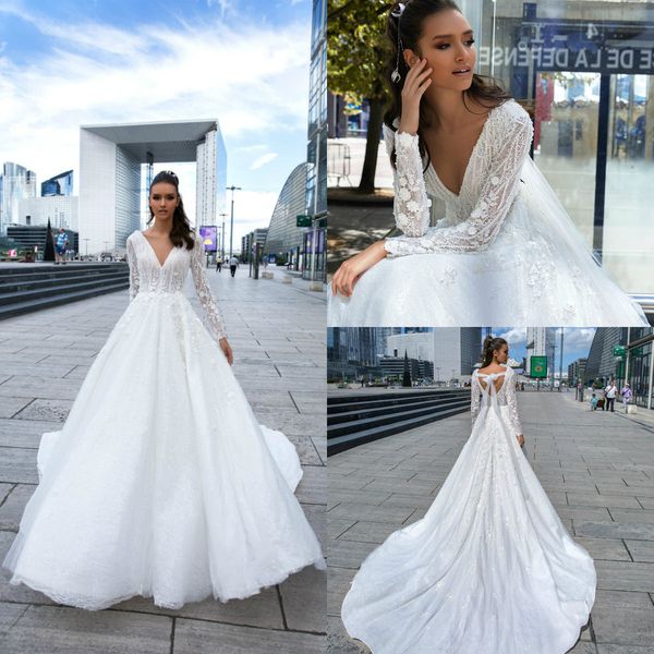 

crystal design a line wedding dresses deep v neck lace appliques sweep train sequins custom made long sleeve beach wedding dress bridal gown, White