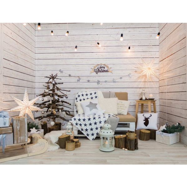 Pareti in legno, sfondo di Buon Natale per la fotografia, lampadine scintillanti, stelle, decorazioni per interni, oggetti di scena, sfondi fotografici per bambini