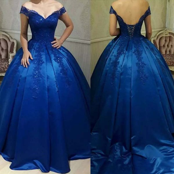 

royal blue ball gown arabic evening dresses 2018 beaded appliqus sweep train satin formal prom party gowns, Black;red