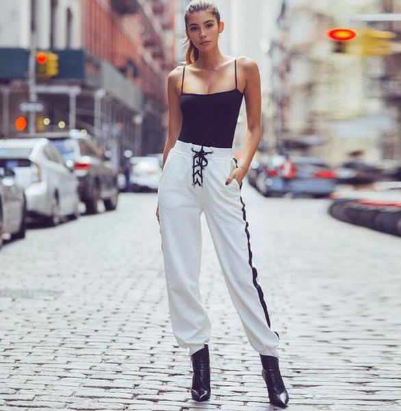 

autumn cotton women's sport pants high waist women warm long pants striped patchwork front bandage casual pencil sweatpants, Black;red