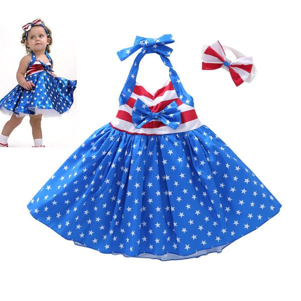 

baby girls star striped dress summer children united states independence day sling backless princess dress kids headband clothing hh7-1142, Red;yellow