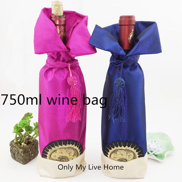 Sacos de casamento chineses originais do casamento para garrafas de vinho Tampa protetora ajuste 750ml da garrafa da tela do cetim bolsa de empacotamento da bolsa de empacotamento 10pcs / lote