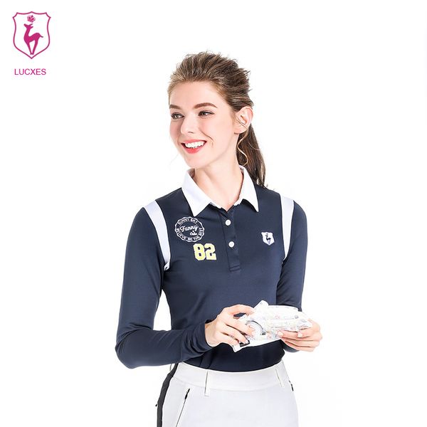 

lucxes spring 2018 turn down collars clothes woman long-sleeved golf hygroscopic quick dry sports contrast color ing, Black;blue