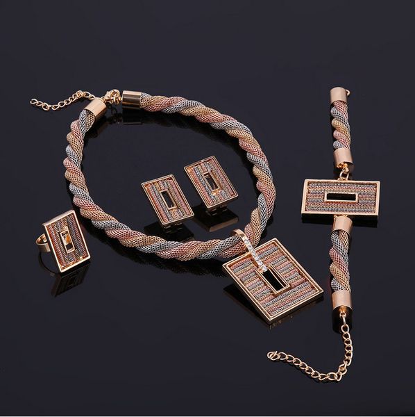 

earrings necklace ring bracelet 4-piece jewelry set luxury fashion women rhinestone 18k gold plated alloy square wedding jewelry set, Slivery;golden
