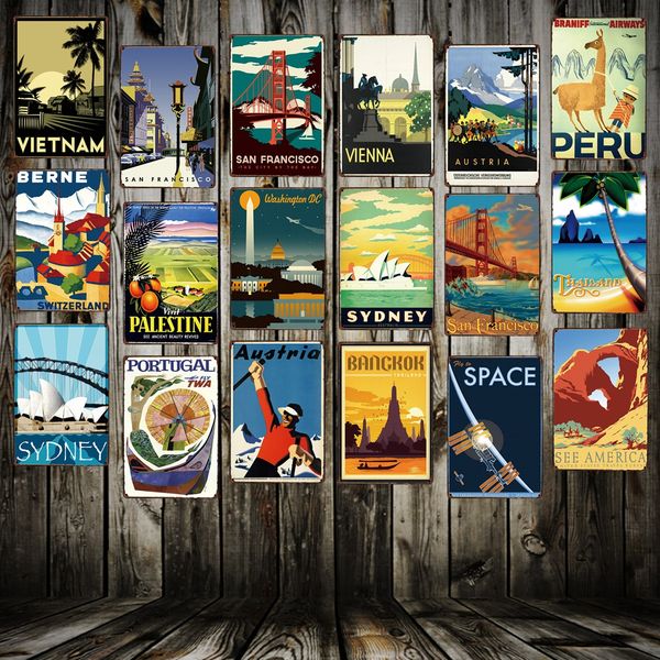 

mike86 ] vintage travel metal signs popular countries cities retro wall art painting posters fg-215