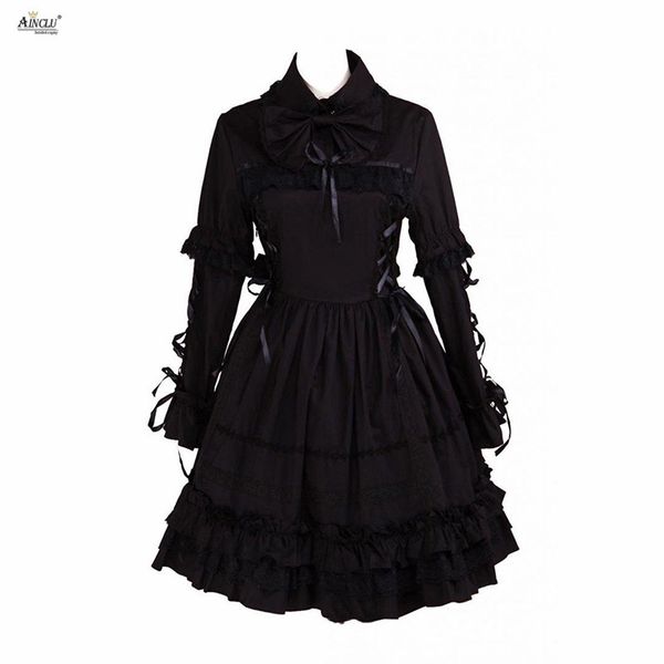 

ainclu lolita dress gothic style womens black cotton gothic long sleeves court lolita dress xs-xxl female party spring/autumn, Black;red